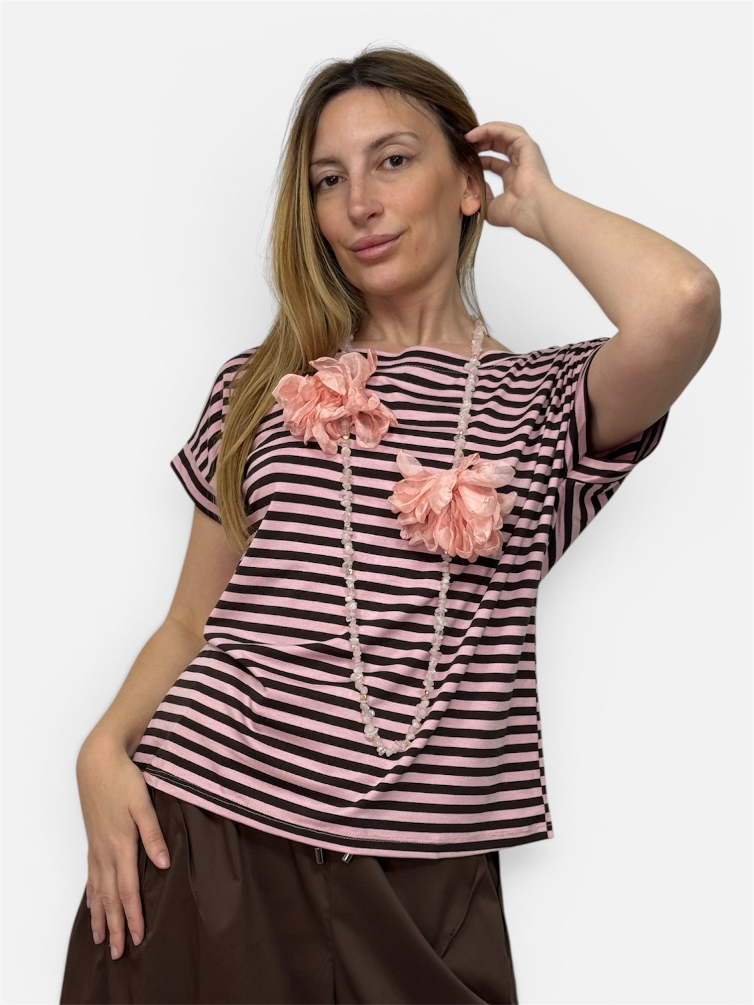 T-Shirt Righe Rosa e Marrone