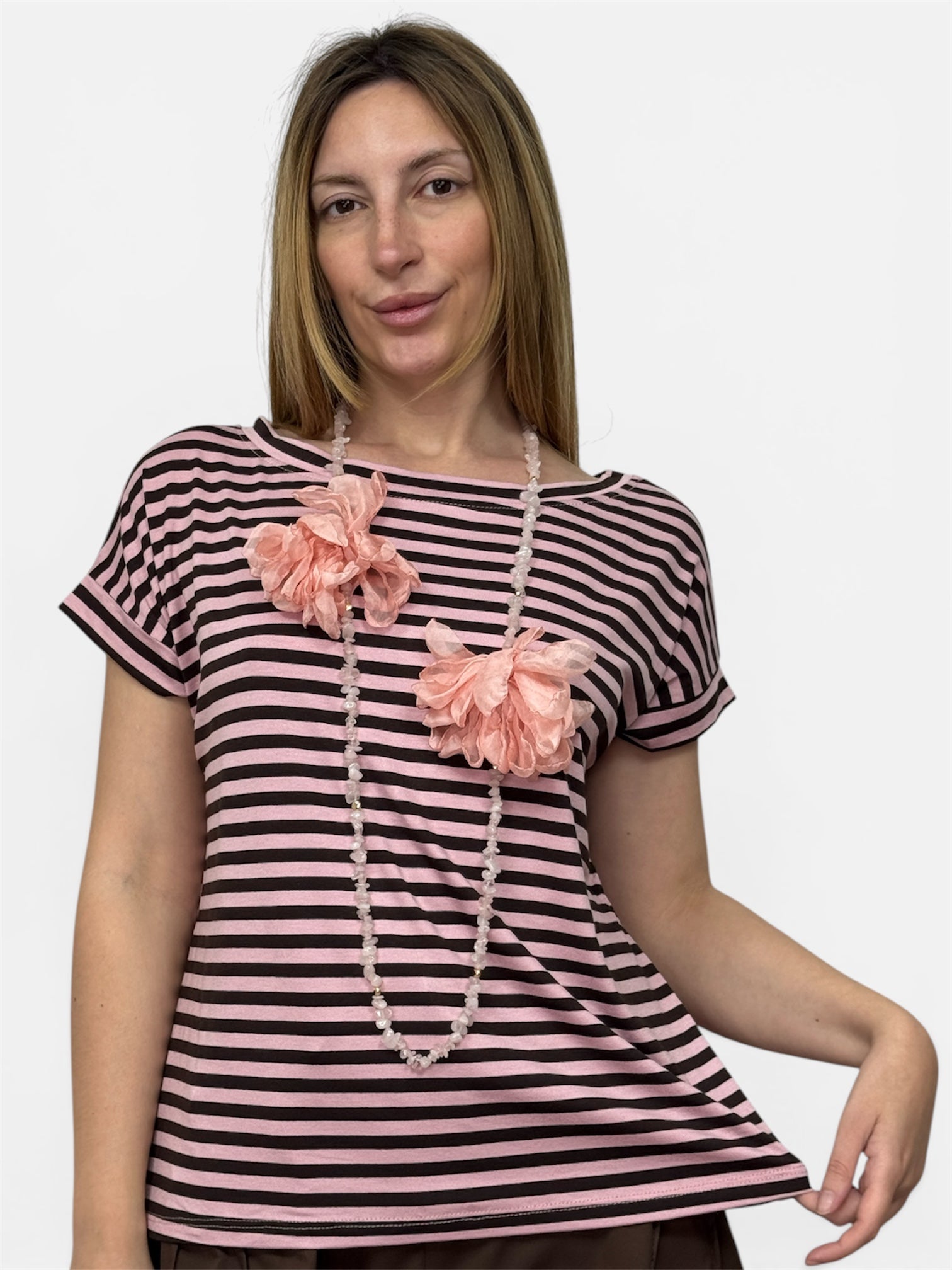 T-Shirt Righe Rosa e Marrone