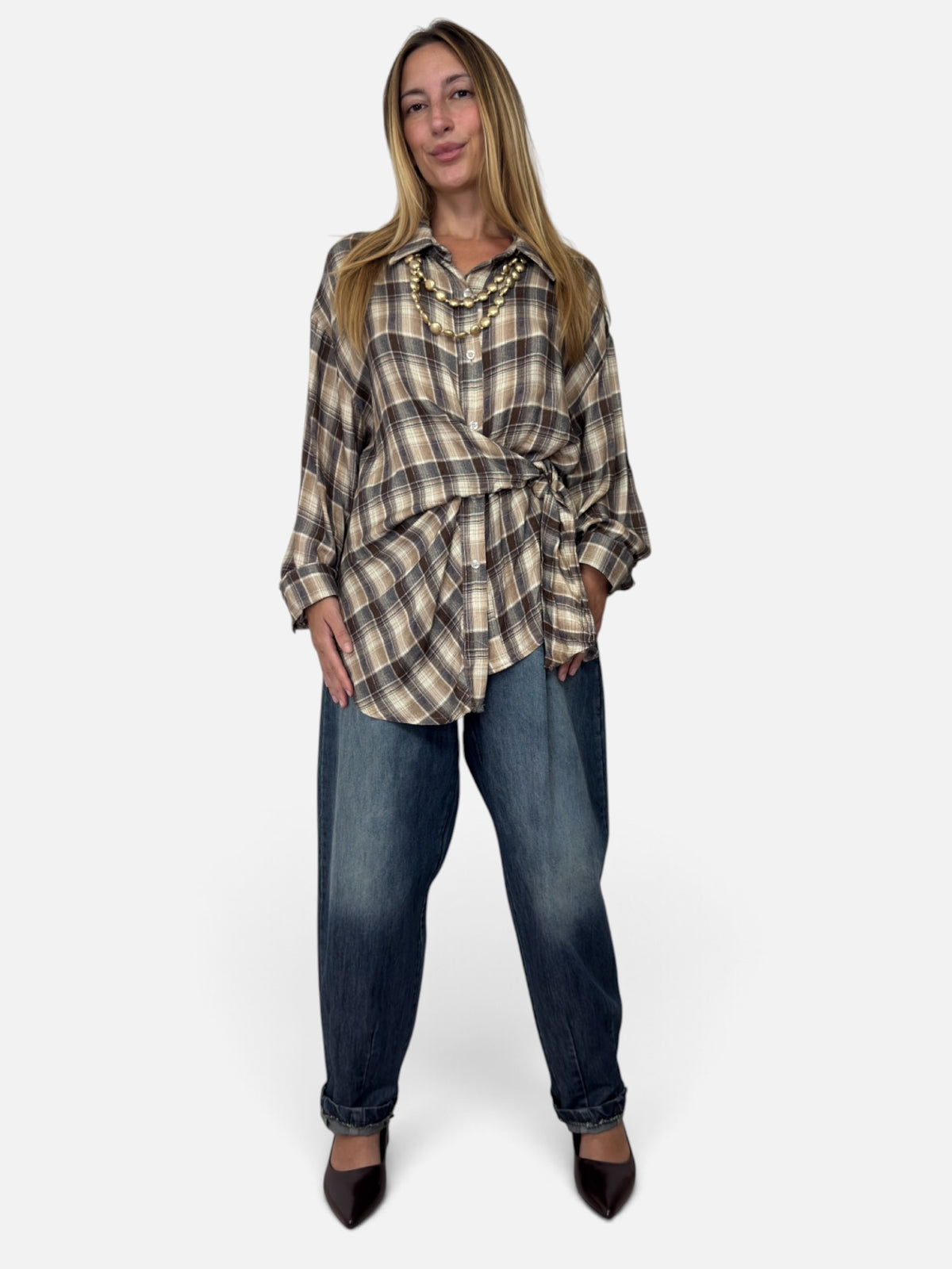 Camicia Fiocco a Quadri Brown