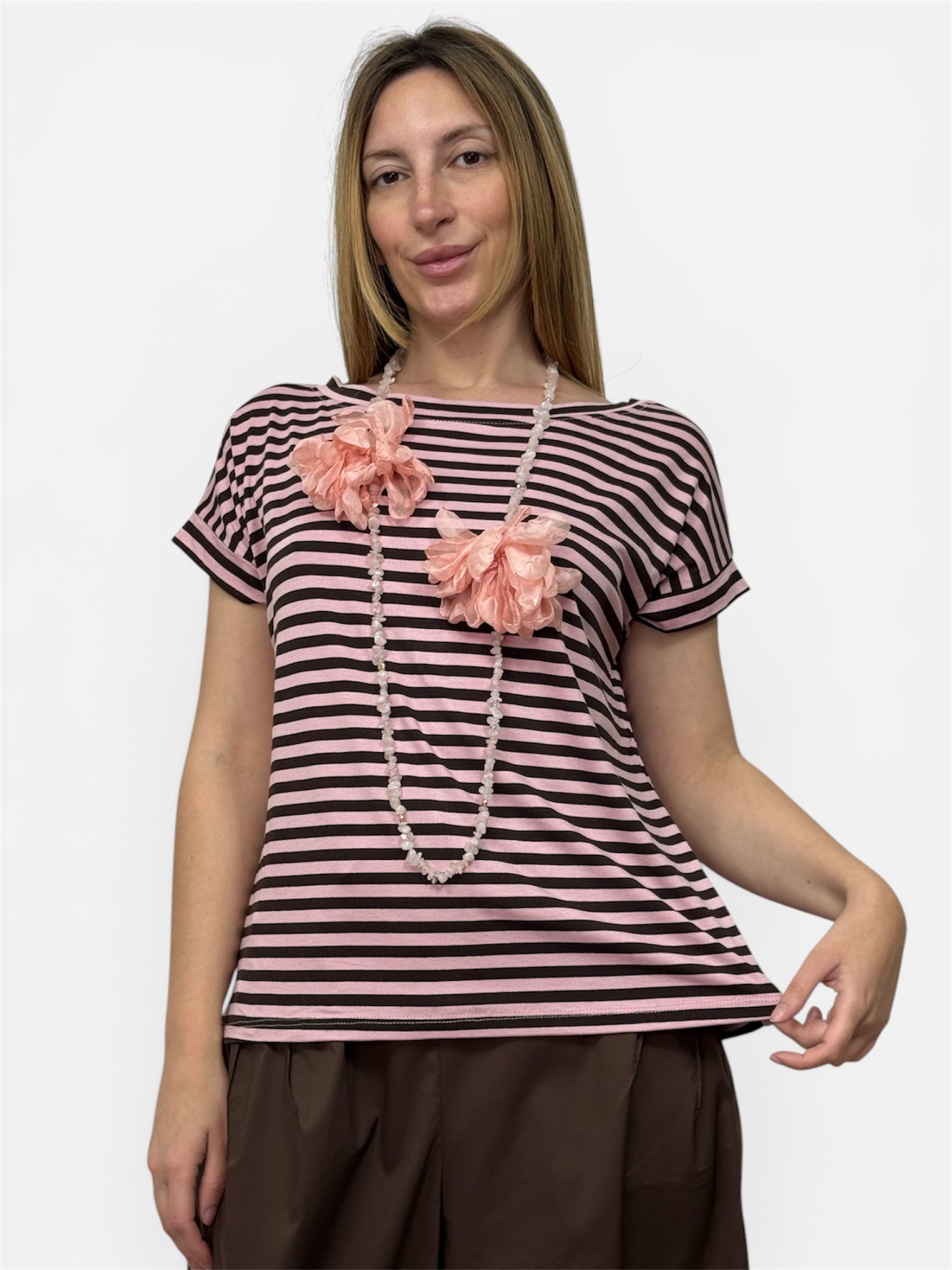 T-Shirt Righe Rosa e Marrone